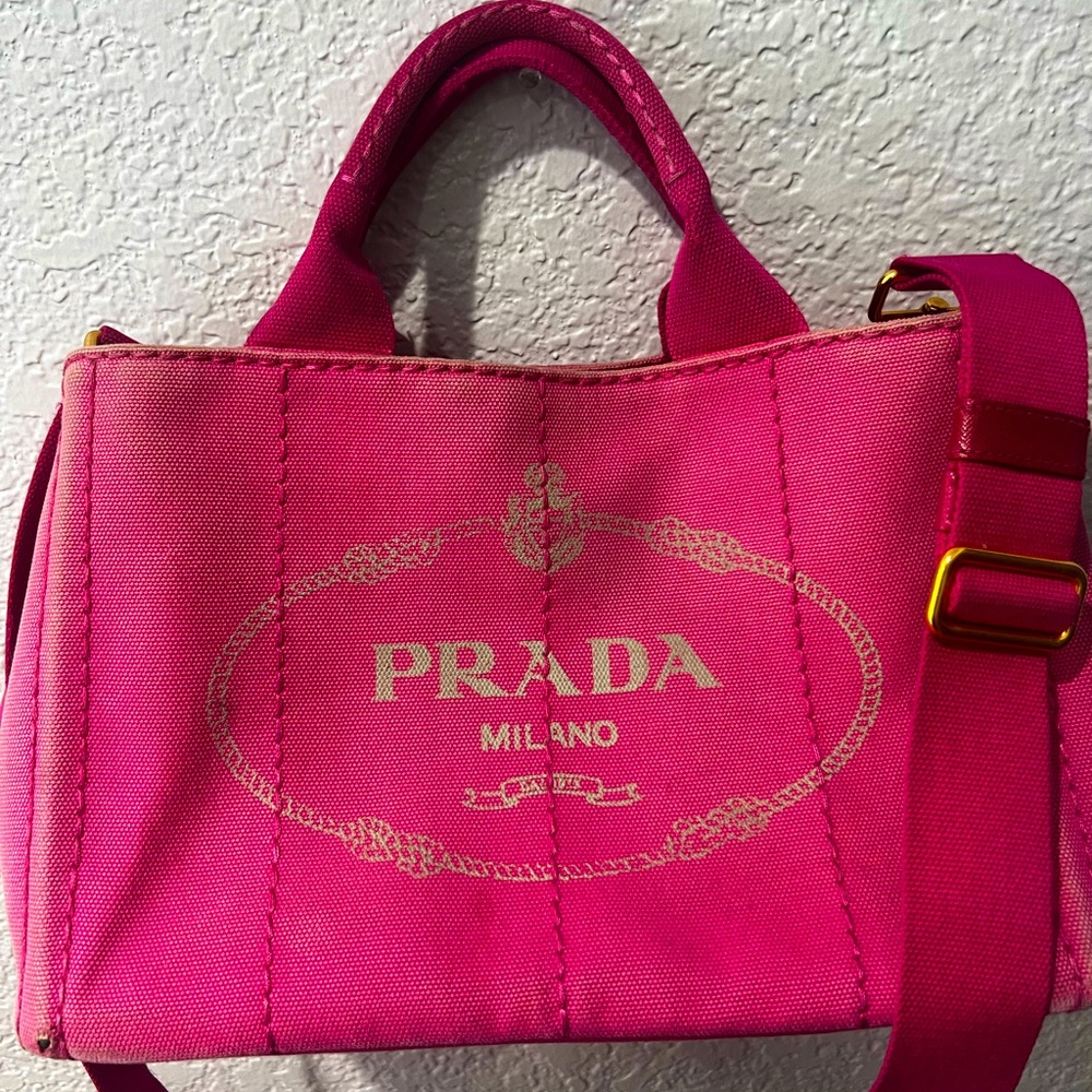 Sold ‼️‼️‼️
Not available! 
Prada Pink Canapa Tote Bag with Gold Logo!